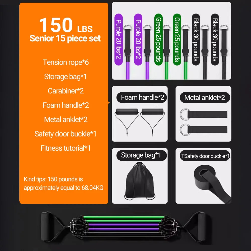 Ultimate 10-14 Pcs Pull Rope Bodybuilding Resistance Bands Set - Multi-Function Tensioner for Total Muscle Training