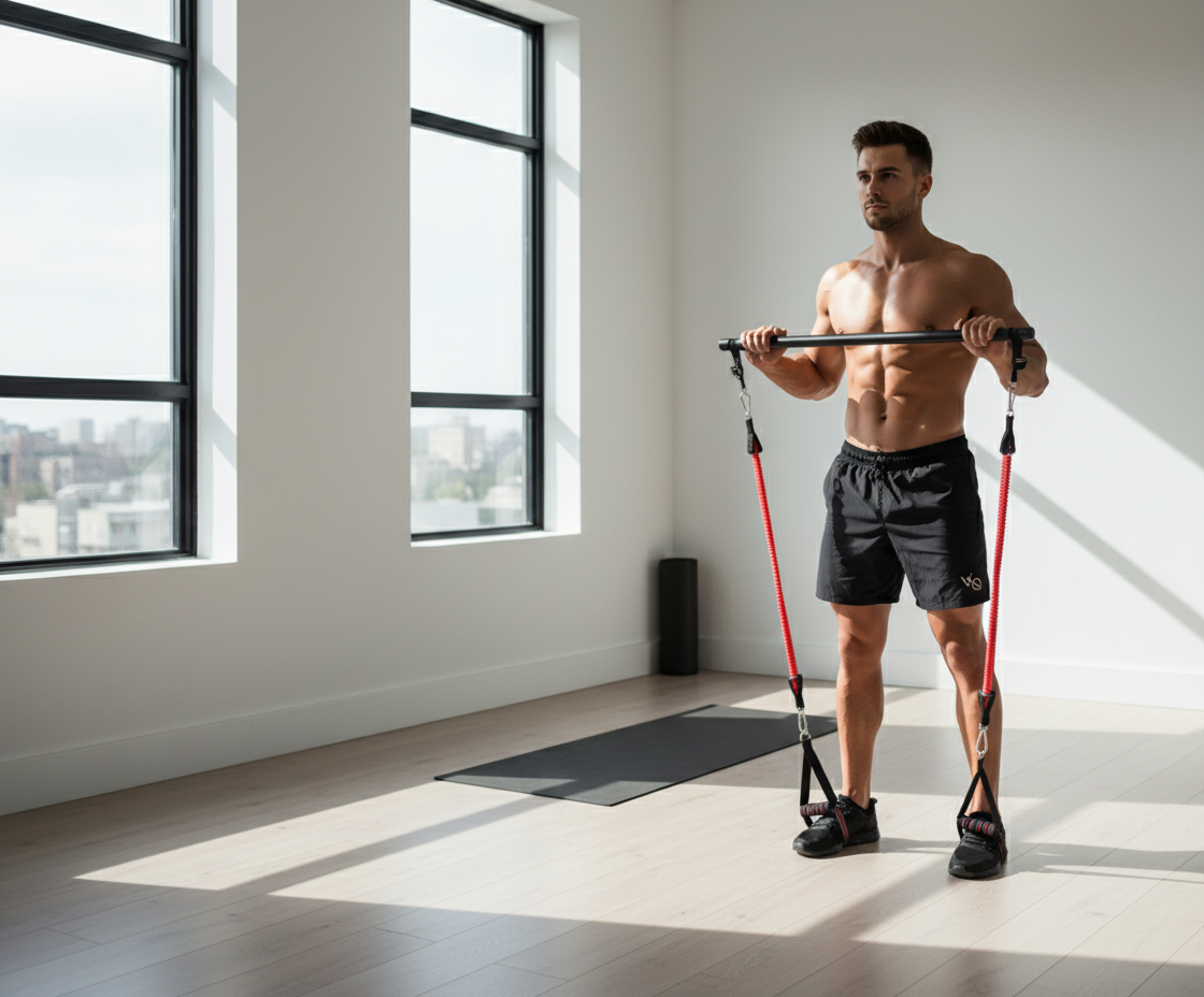 Premium home gym hero banner with reformer bar, resistance bands, yoga mat, and foam roller