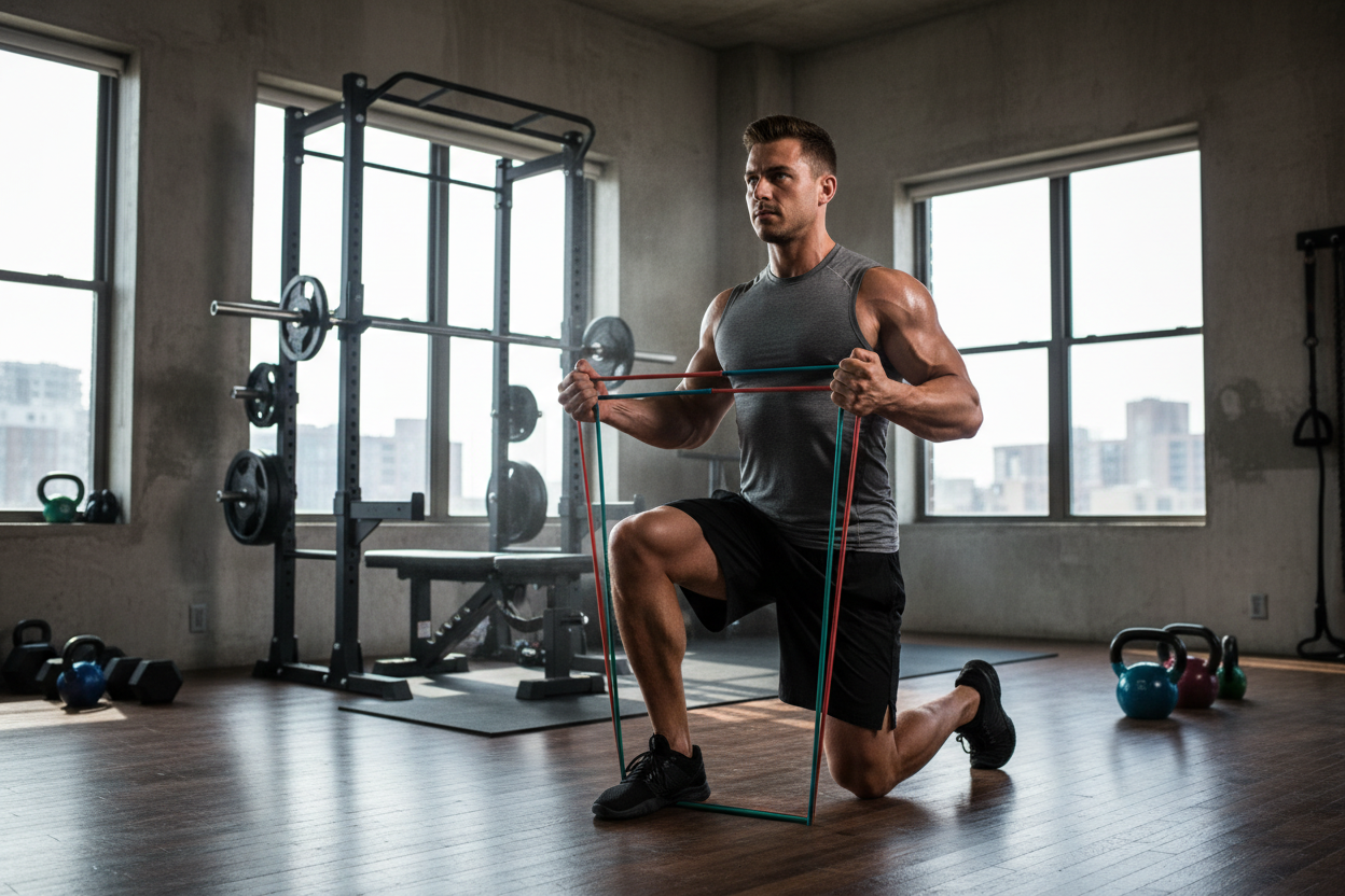 render another image with an athletic male execising with bundled muliti colored (2-3) resistance bands