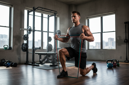 render another image with an athletic male execising with bundled muliti colored (2-3) resistance bands